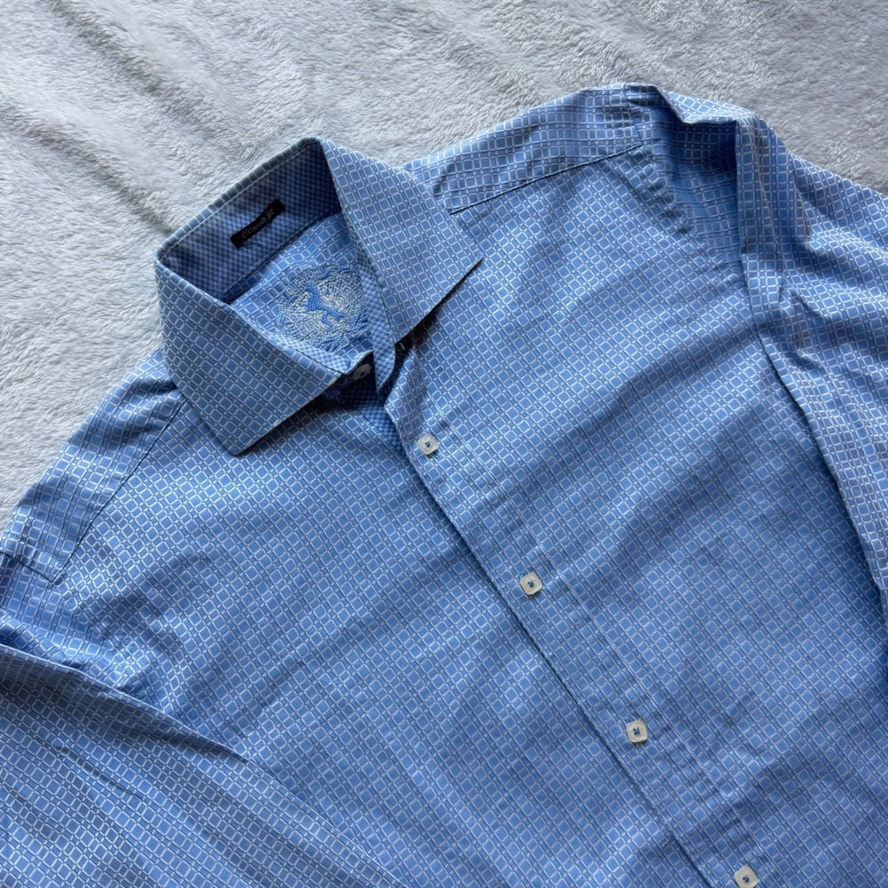 Bugatchi Button Down Mens L Blue Grid Classic Fit Long Sleeve Lion Logo Shirt